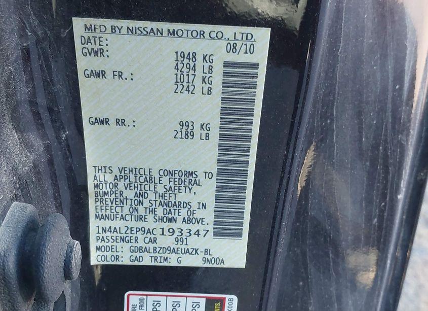 Photo 9 of 2010 Nissan Altima 2.5 S (VIN 1N4AL2EP9AC193347)