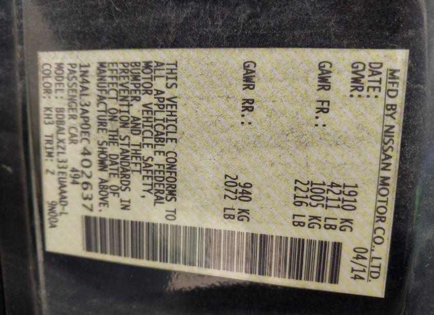 Photo 9 of 2014 Nissan Altima 2.5 SL (VIN 1N4AL3AP0EC402637)