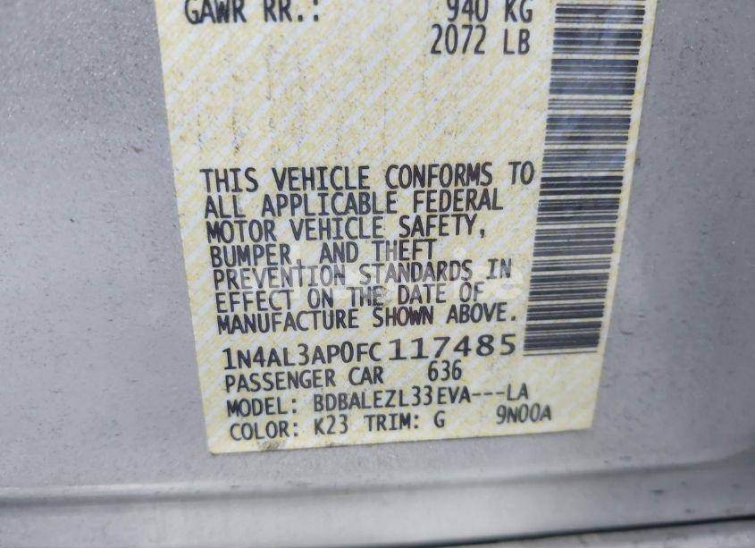 Photo 9 of 2015 Nissan Altima 2.5 S (VIN 1N4AL3AP0FC117485)