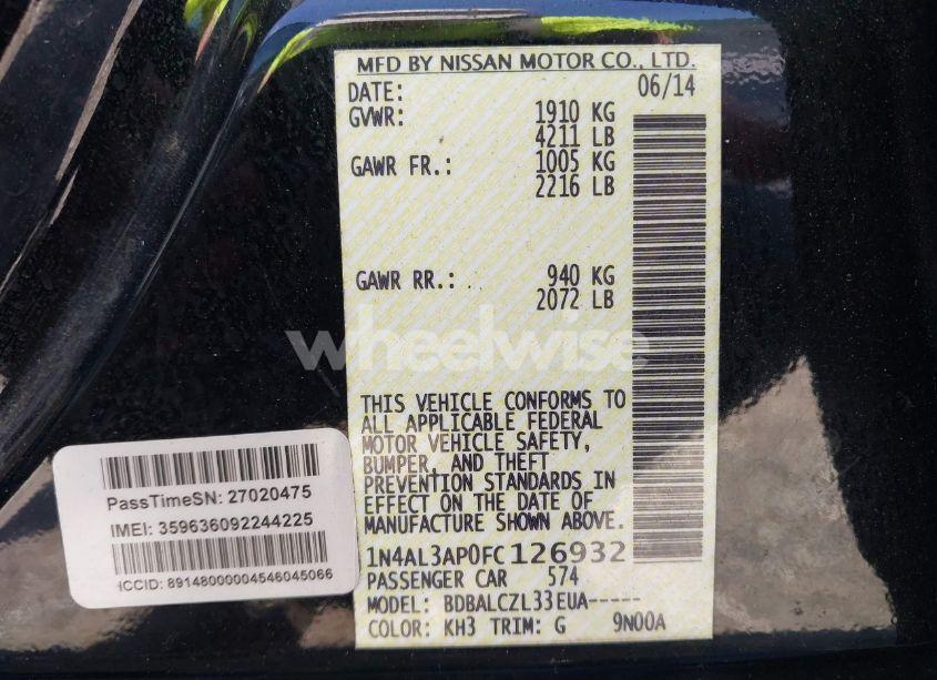 Photo 9 of 2015 Nissan Altima 2.5/2.5 S/2.5 SL/2.5 SV (VIN 1N4AL3AP0FC126932)