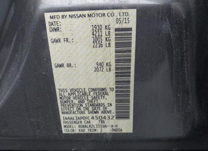 Photo 9 of 2015 Nissan Altima 2.5/S/SV/SL (VIN 1N4AL3AP0FC450432)