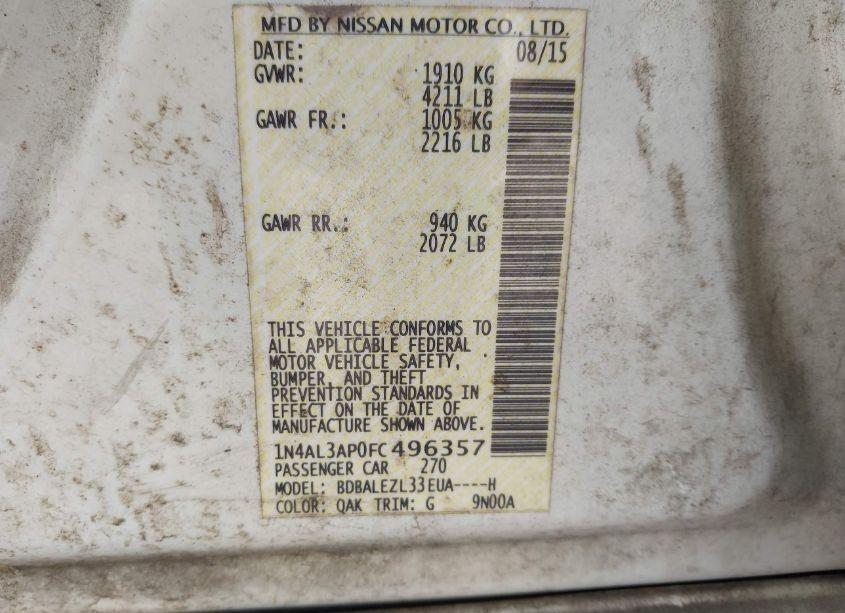 Photo 9 of 2015 Nissan Altima 2.5/2.5 S/2.5 SL/2.5 SV (VIN 1N4AL3AP0FC496357)