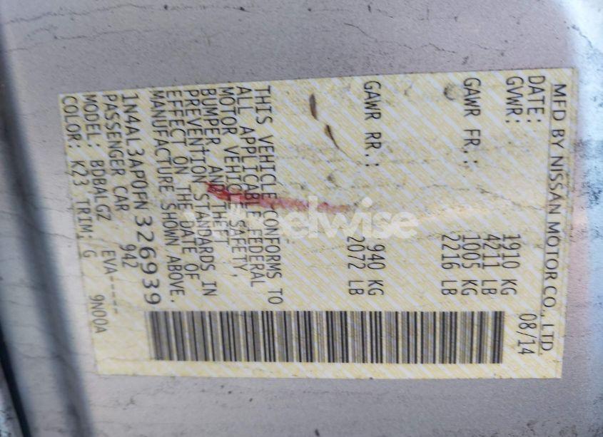 Photo 9 of 2015 Nissan Altima 2.5/2.5 S/2.5 SL/2.5 SV (VIN 1N4AL3AP0FN326939)