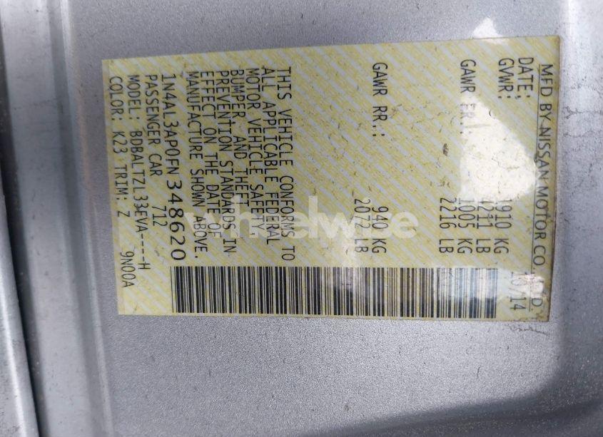 Photo 9 of 2015 Nissan Altima 2.5 SL (VIN 1N4AL3AP0FN348620)