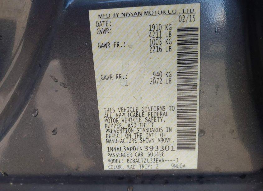 Photo 9 of 2015 Nissan Altima 2.5 SL (VIN 1N4AL3AP0FN393301)