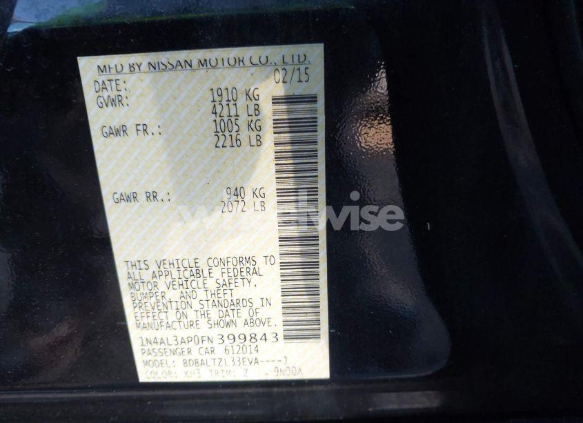 Photo 9 of 2015 Nissan Altima 2.5 SL (VIN 1N4AL3AP0FN399843)