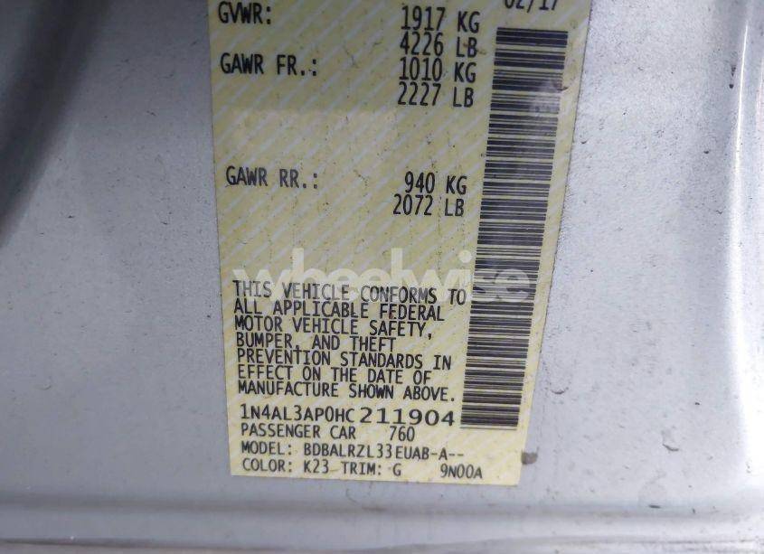 Photo 9 of 2017 Nissan Altima 2.5/2.5 S/2.5 SL/2.5 SR/2.5 SV (VIN 1N4AL3AP0HC211904)