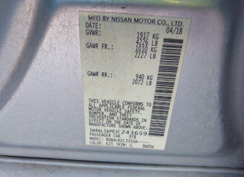 Photo 9 of 2018 Nissan Altima 2.5 SL (VIN 1N4AL3AP0JC243659)