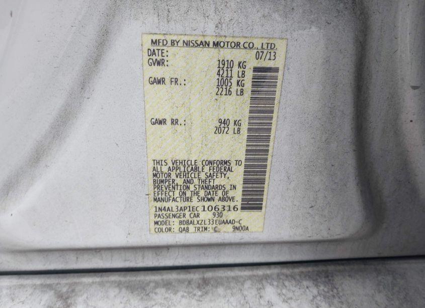 Photo 9 of 2014 Nissan Altima 2.5 SL (VIN 1N4AL3AP1EC106316)