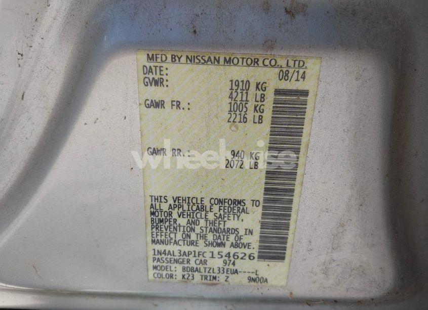 Photo 9 of 2015 Nissan Altima 2.5 SL (VIN 1N4AL3AP1FC154626)