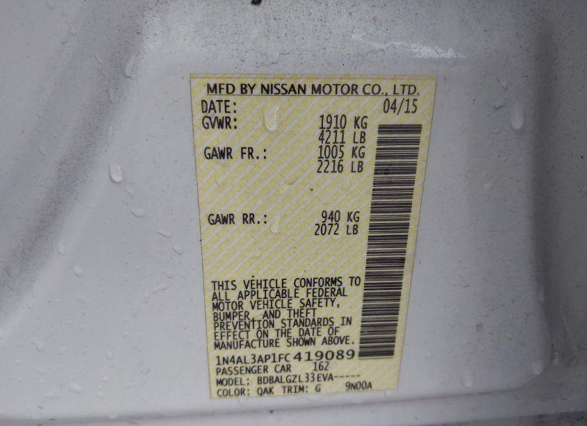 Photo 9 of 2015 Nissan Altima 2.5/2.5 S/2.5 SL/2.5 SV (VIN 1N4AL3AP1FC419089)
