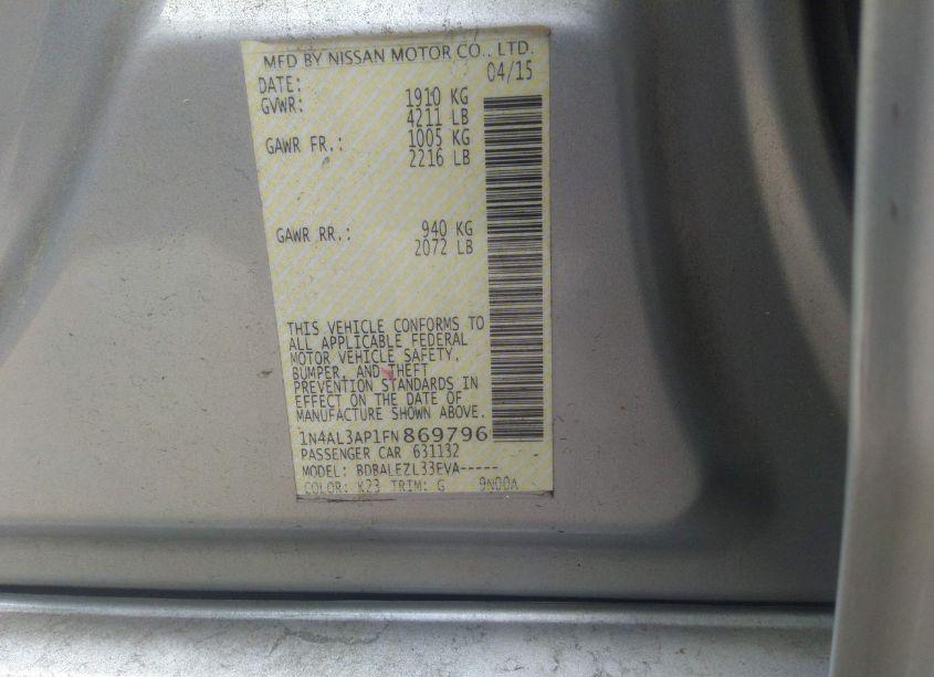 Photo 9 of 2015 Nissan Altima 2.5/2.5 S/2.5 SL/2.5 SV (VIN 1N4AL3AP1FN869796)