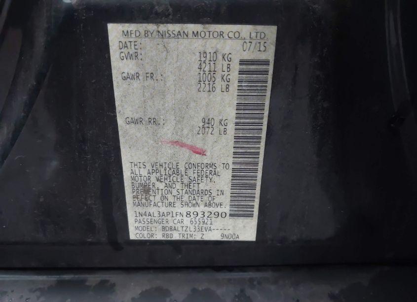 Photo 9 of 2015 Nissan Altima 2.5 SL (VIN 1N4AL3AP1FN893290)