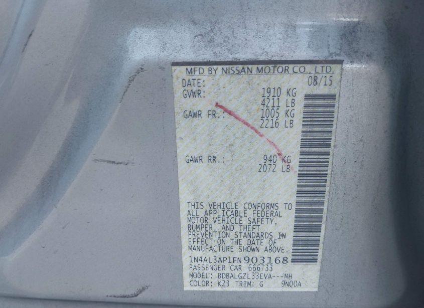 Photo 9 of 2015 Nissan Altima 2.5 S (VIN 1N4AL3AP1FN903168)