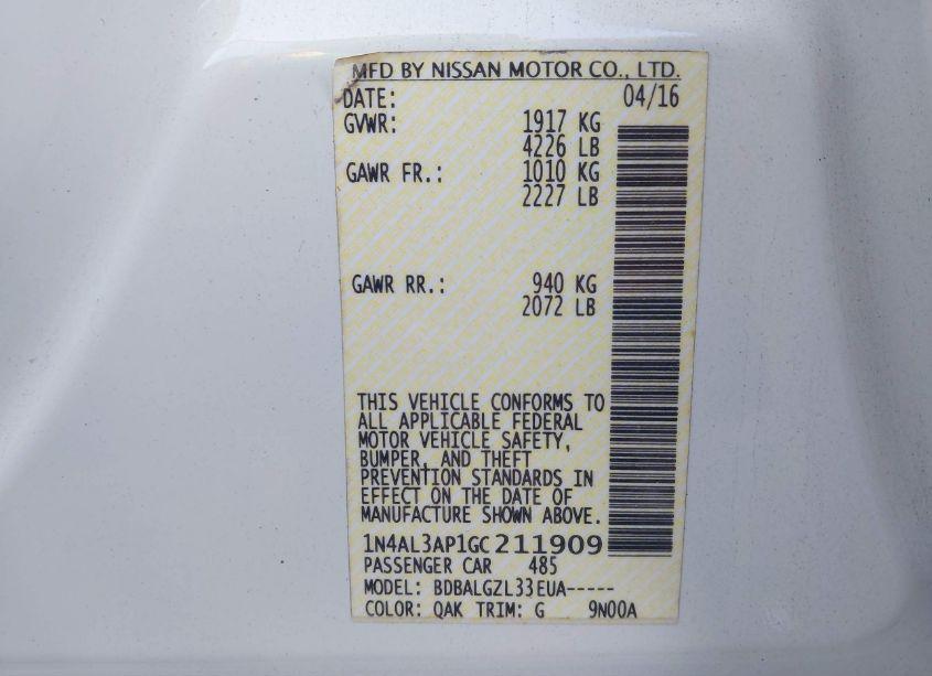 Photo 8 of 2016 Nissan Altima 2.5/2.5 S/2.5 SL/2.5 SR/2.5 SV (VIN 1N4AL3AP1GC211909)