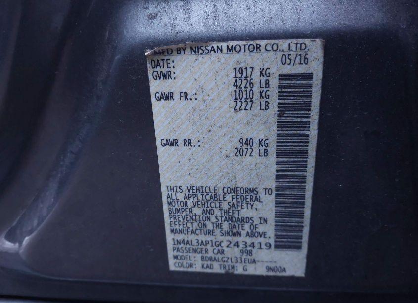 Photo 9 of 2016 Nissan Altima 2.5/2.5 S/2.5 SL/2.5 SR/2.5 SV (VIN 1N4AL3AP1GC243419)