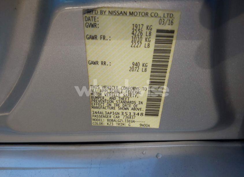 Photo 9 of 2016 Nissan Altima 2.5/2.5 S/2.5 SL/2.5 SR/2.5 SV (VIN 1N4AL3AP1GN351348)