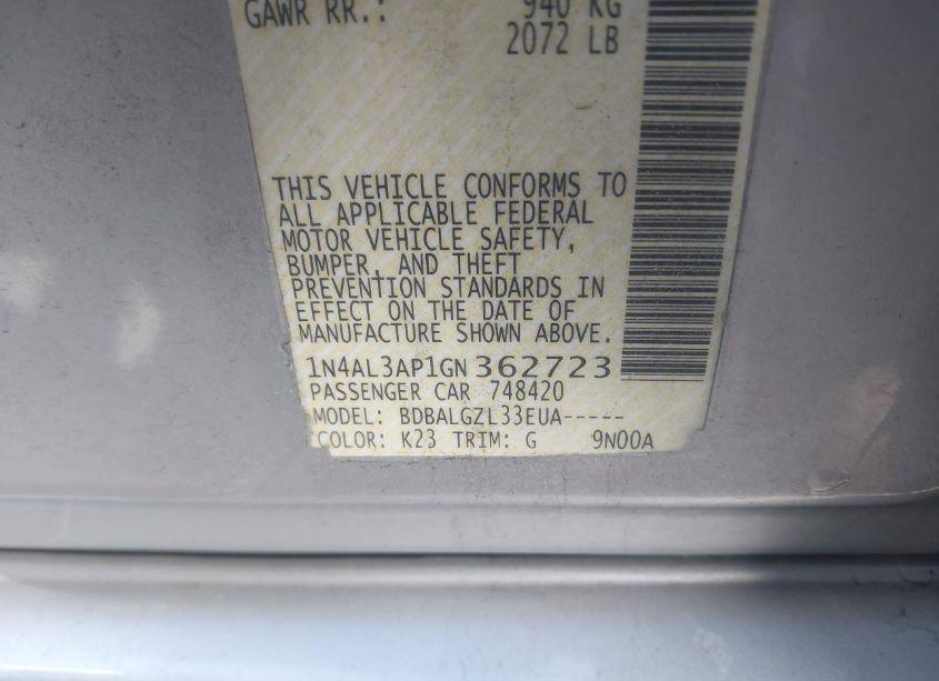 Photo 9 of 2016 Nissan Altima 2.5/2.5 S/2.5 SL/2.5 SR/2.5 SV (VIN 1N4AL3AP1GN362723)