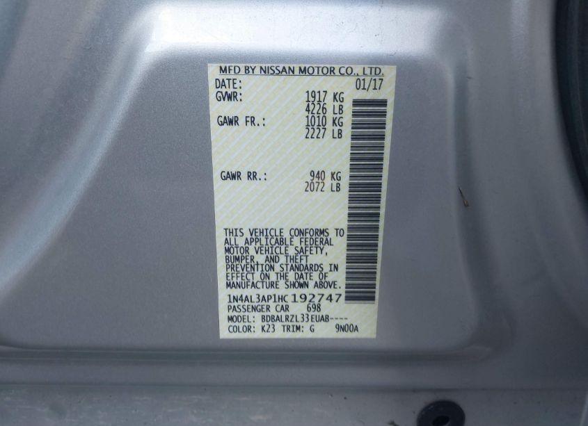 Photo 9 of 2017 Nissan Altima 2.5 SL (VIN 1N4AL3AP1HC192747)