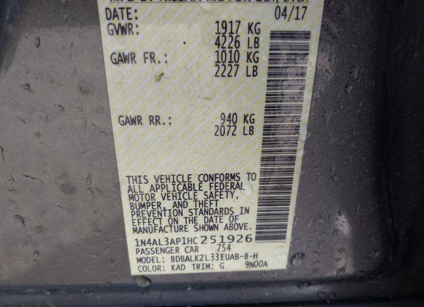 Photo 9 of 2017 Nissan Altima 2.5 SV (VIN 1N4AL3AP1HC251926)