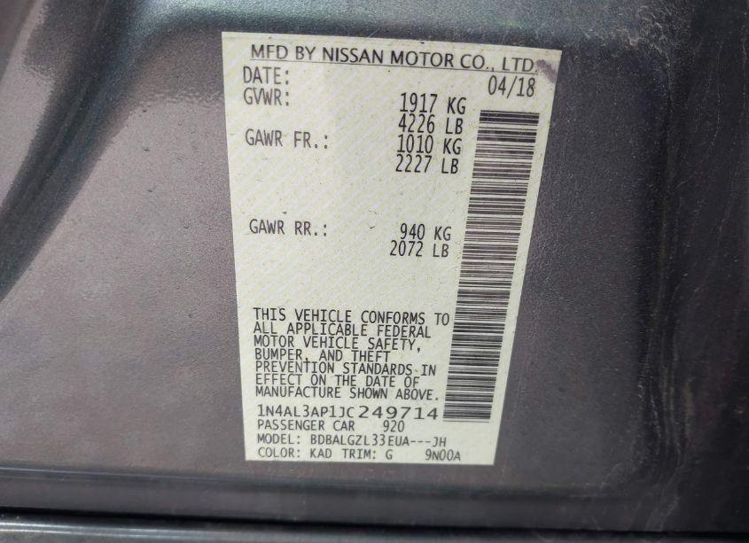 Photo 9 of 2018 Nissan Altima 2.5 S (VIN 1N4AL3AP1JC249714)