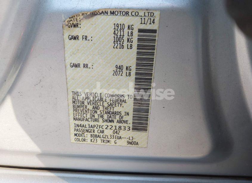 Photo 9 of 2015 Nissan Altima 2.5 S (VIN 1N4AL3AP2FC221833)