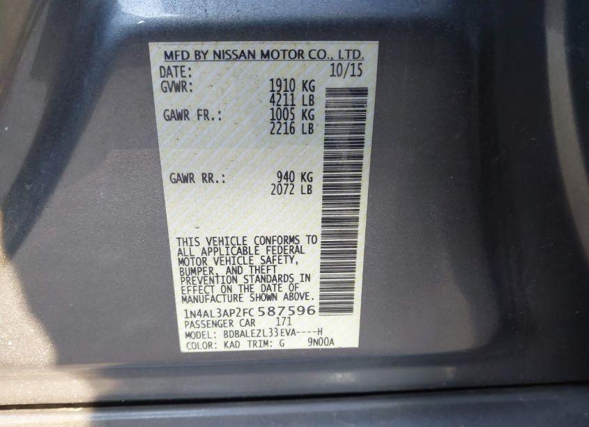 Photo 9 of 2015 Nissan Altima 2.5 S (VIN 1N4AL3AP2FC587596)