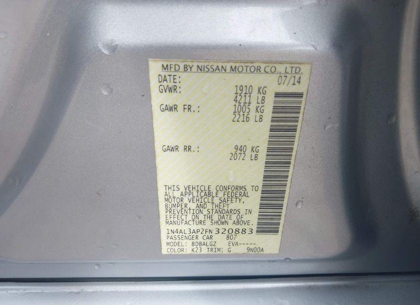 Photo 9 of 2015 Nissan Altima 2.5/2.5 S/2.5 SL/2.5 SV (VIN 1N4AL3AP2FN320883)