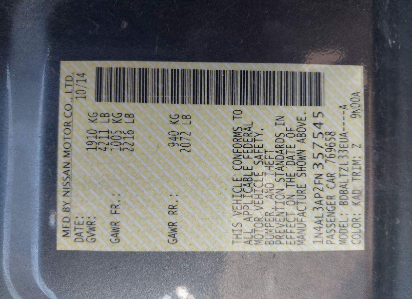 Photo 9 of 2015 Nissan Altima 2.5 SL (VIN 1N4AL3AP2FN357545)