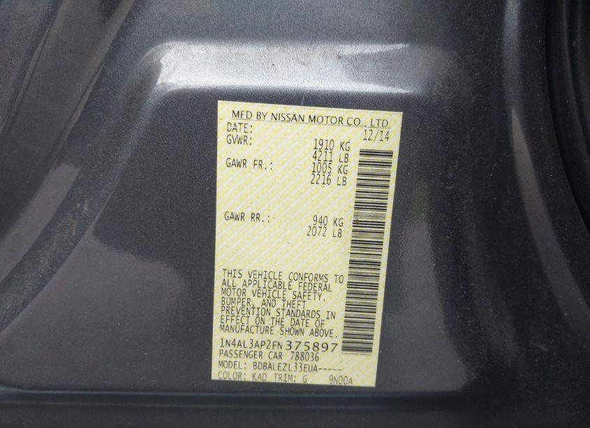 Photo 9 of 2015 Nissan Altima 2.5/2.5 S/2.5 SL/2.5 SV (VIN 1N4AL3AP2FN375897)