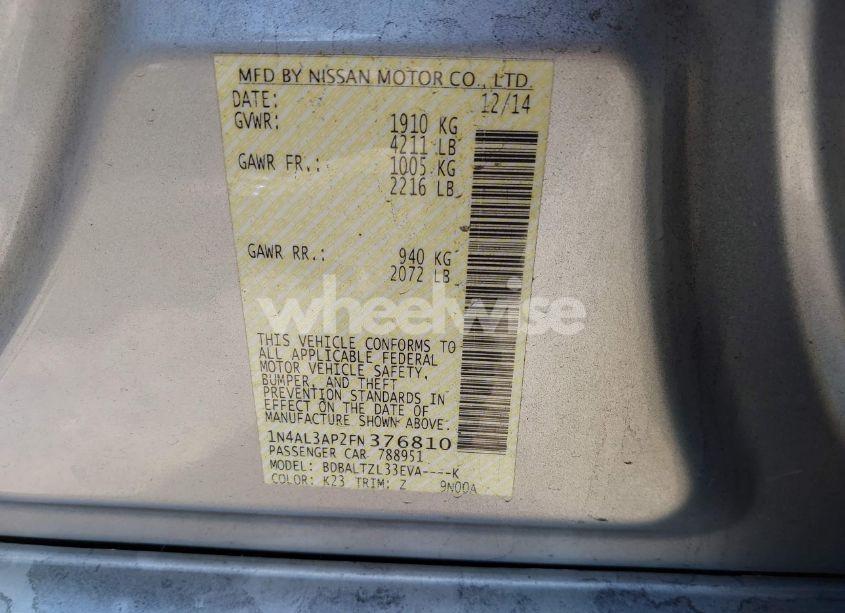 Photo 9 of 2015 Nissan Altima 2.5 SL (VIN 1N4AL3AP2FN376810)