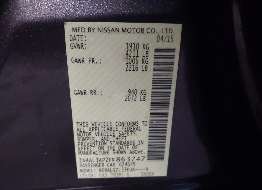 Photo 9 of 2015 Nissan Altima 2.5 S (VIN 1N4AL3AP2FN863747)