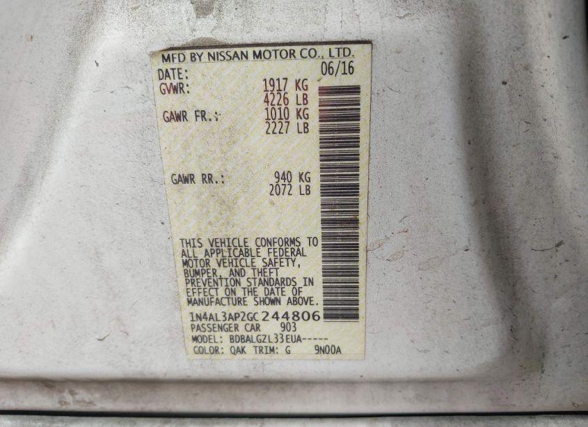 Photo 9 of 2016 Nissan Altima 2.5/2.5 S/2.5 SL/2.5 SR/2.5 SV (VIN 1N4AL3AP2GC244806)