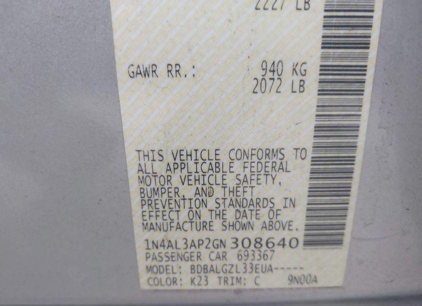 Photo 9 of 2016 Nissan Altima (VIN 1N4AL3AP2GN308640)