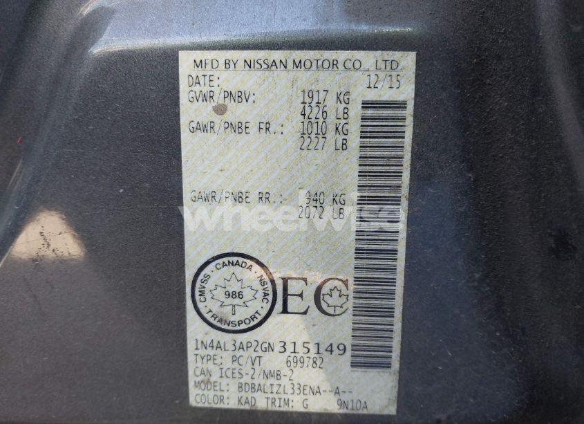 Photo 9 of 2016 Nissan Altima 2.5/S/SV/SL/SR (VIN 1N4AL3AP2GN315149)