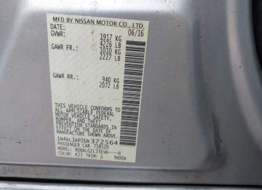 Photo 9 of 2016 Nissan Altima 2.5 S (VIN 1N4AL3AP2GN372564)