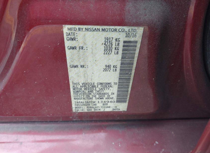 Photo 9 of 2017 Nissan Altima 2.5 SR (VIN 1N4AL3AP2HC134940)