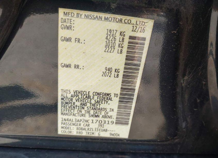 Photo 9 of 2017 Nissan Altima 2.5 SL (VIN 1N4AL3AP2HC170319)