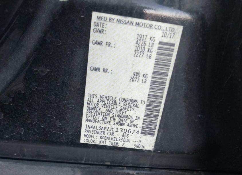 Photo 9 of 2018 Nissan Altima 2.5 SR (VIN 1N4AL3AP2JC139674)