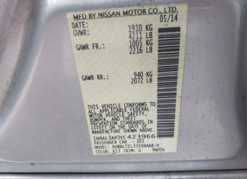 Photo 9 of 2014 Nissan Altima 2.5 SV (VIN 1N4AL3AP3EC423966)