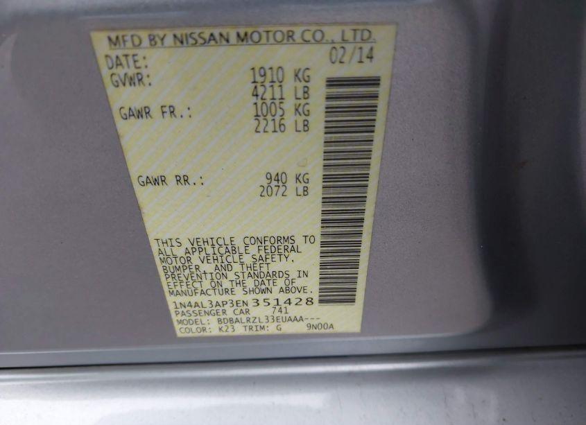 Photo 9 of 2014 Nissan Altima 2.5/2.5 S/2.5 SL/2.5 SV (VIN 1N4AL3AP3EN351428)