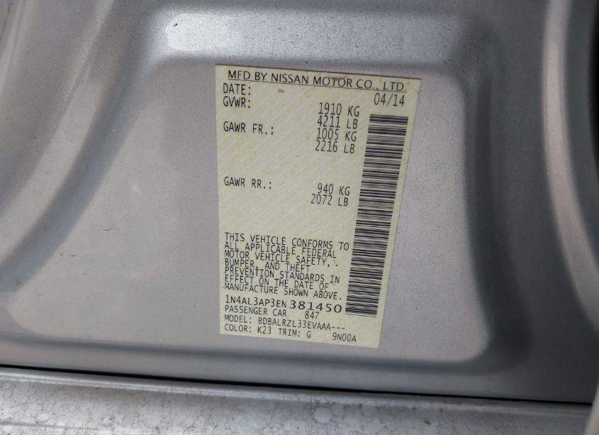 Photo 9 of 2014 Nissan Altima 2.5/2.5 S/2.5 SL/2.5 SV (VIN 1N4AL3AP3EN381450)