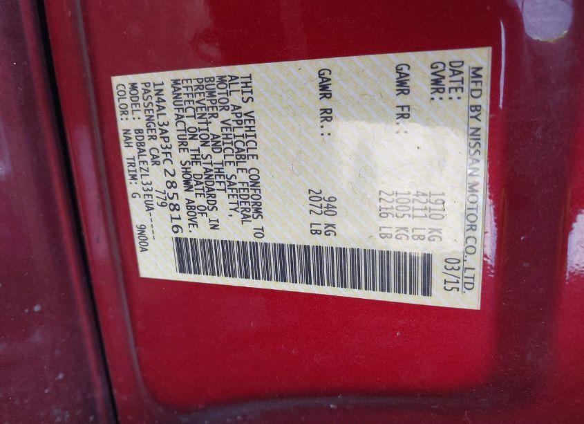 Photo 9 of 2015 Nissan Altima 2.5/2.5 S/2.5 SL/2.5 SV (VIN 1N4AL3AP3FC285816)