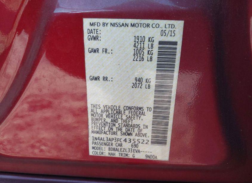 Photo 9 of 2015 Nissan Altima 2.5/2.5 S/2.5 SL/2.5 SV (VIN 1N4AL3AP3FC435522)