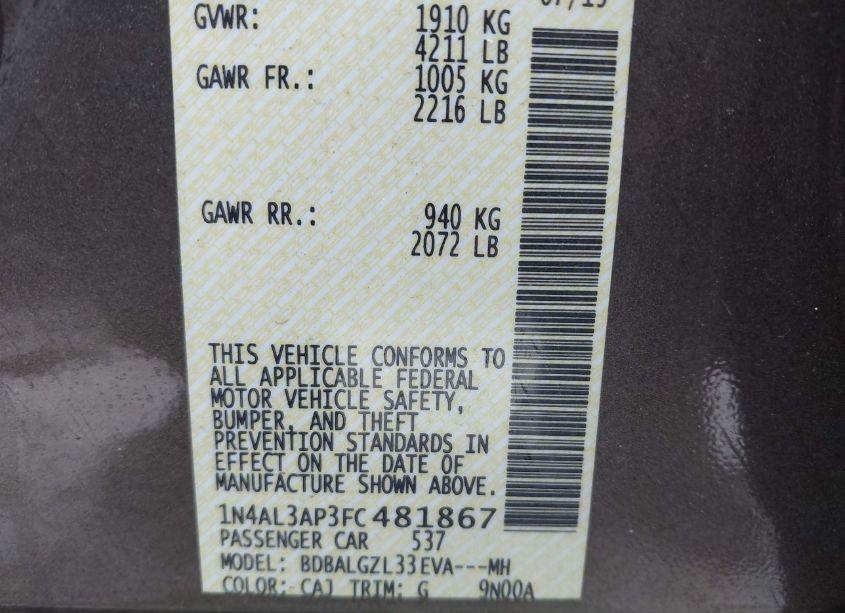 Photo 8 of 2015 Nissan Altima 2.5 S (VIN 1N4AL3AP3FC481867)