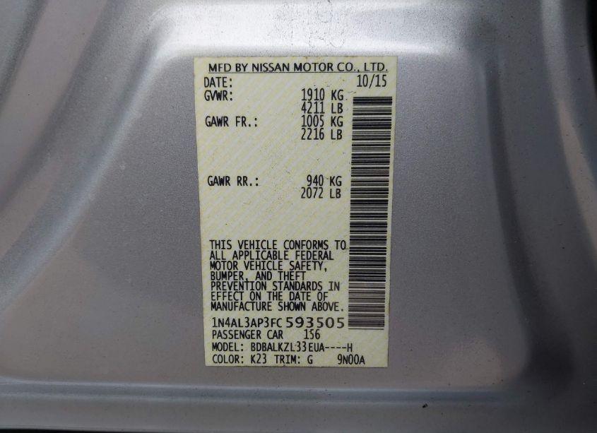 Photo 9 of 2015 Nissan Altima 2.5 SV (VIN 1N4AL3AP3FC593505)