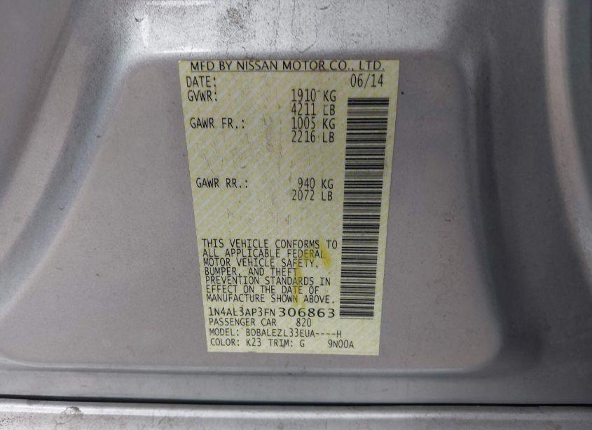 Photo 9 of 2015 Nissan Altima 2.5 S (VIN 1N4AL3AP3FN306863)