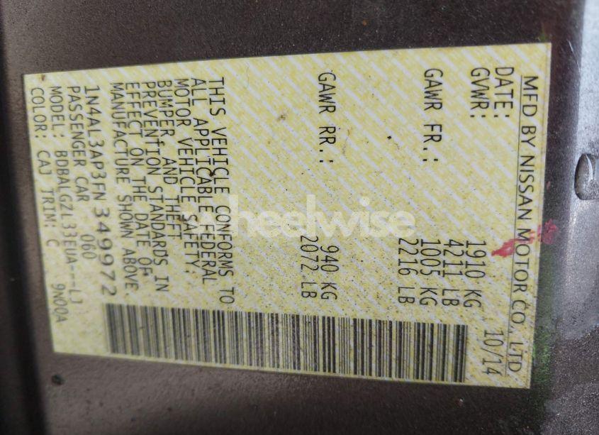 Photo 9 of 2015 Nissan Altima 2.5 S (VIN 1N4AL3AP3FN349972)