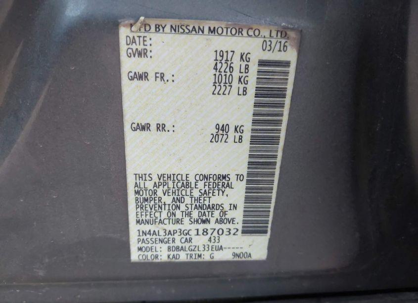 Photo 9 of 2016 Nissan Altima 2.5/2.5 S/2.5 SL/2.5 SR/2.5 SV (VIN 1N4AL3AP3GC187032)