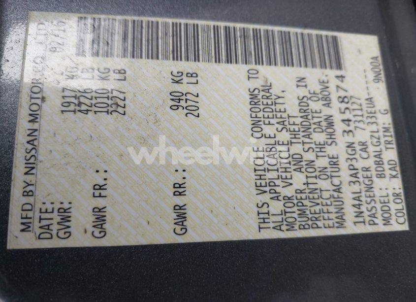 Photo 9 of 2016 Nissan Altima 2.5/2.5 S/2.5 SL/2.5 SR/2.5 SV (VIN 1N4AL3AP3GN345874)